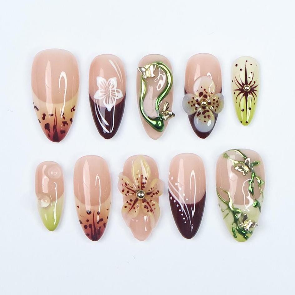 Burgundy and Lime Botanical Floral Press On Nails
