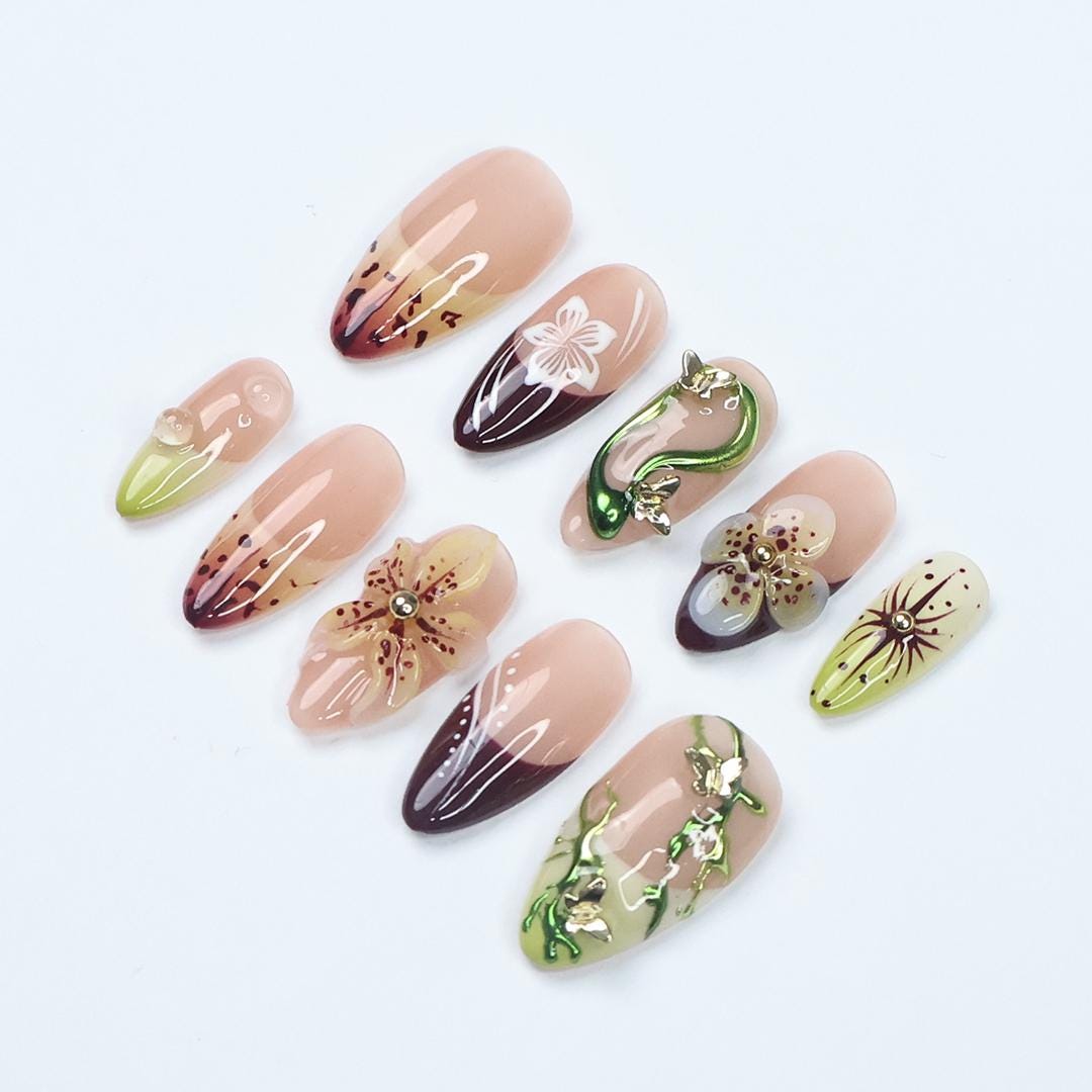 Burgundy and Lime Botanical Floral Press On Nails