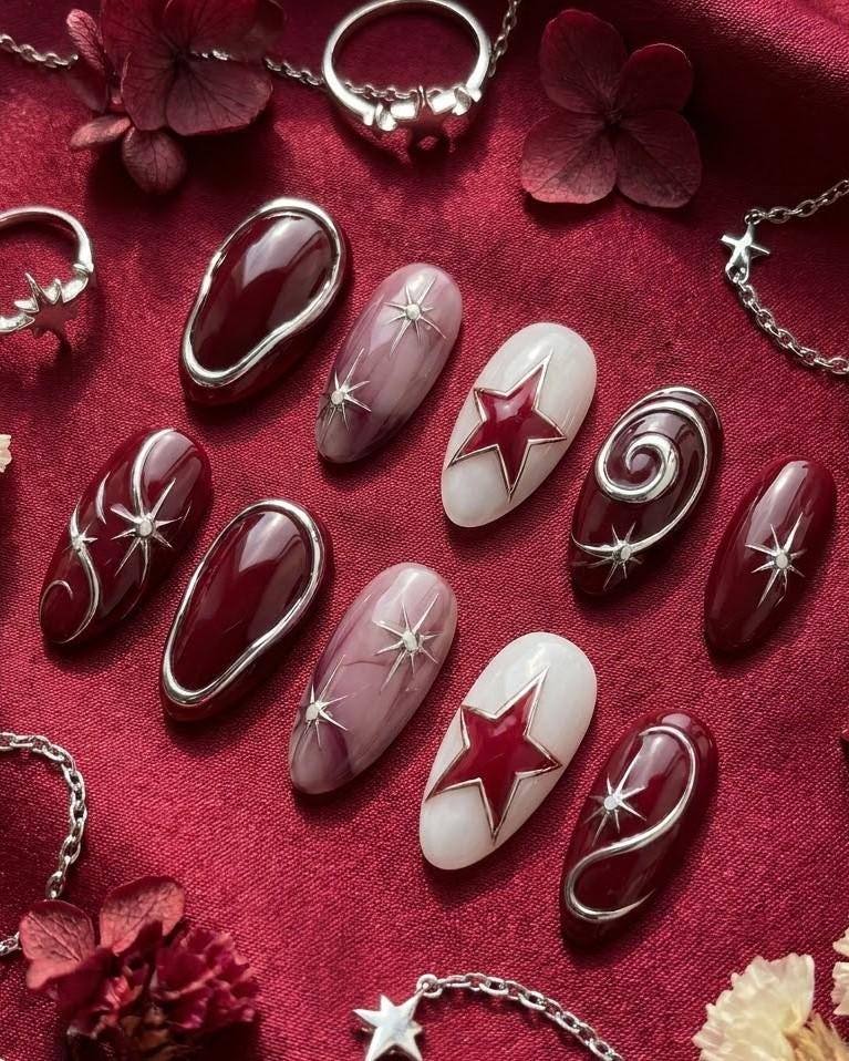 Burgundy and Mauve Celestial Star Nail Set With Silver Swirls
