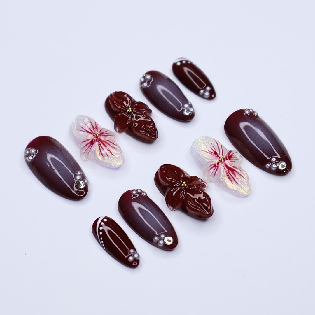 Burgundy and Mauve Fall Floral Press-On Nails with Raised Flowers and Rhinestones
