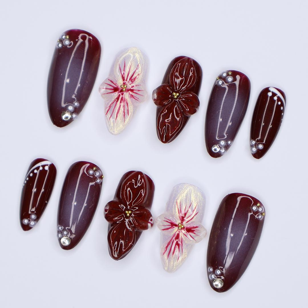 Burgundy and Mauve Fall Floral Press-On Nails with Raised Flowers and Rhinestones