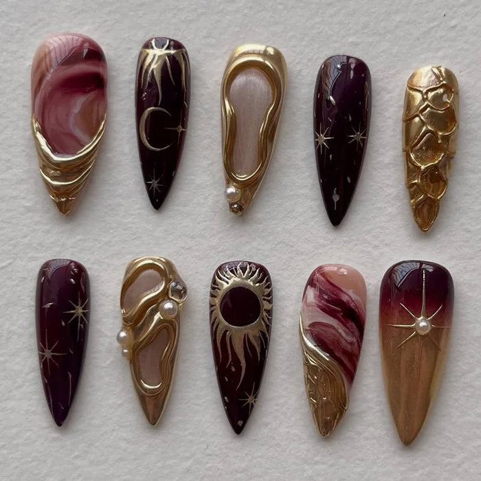 Burgundy and Mauve Marble Celestial Press On Nails with Sculpted Gold Details