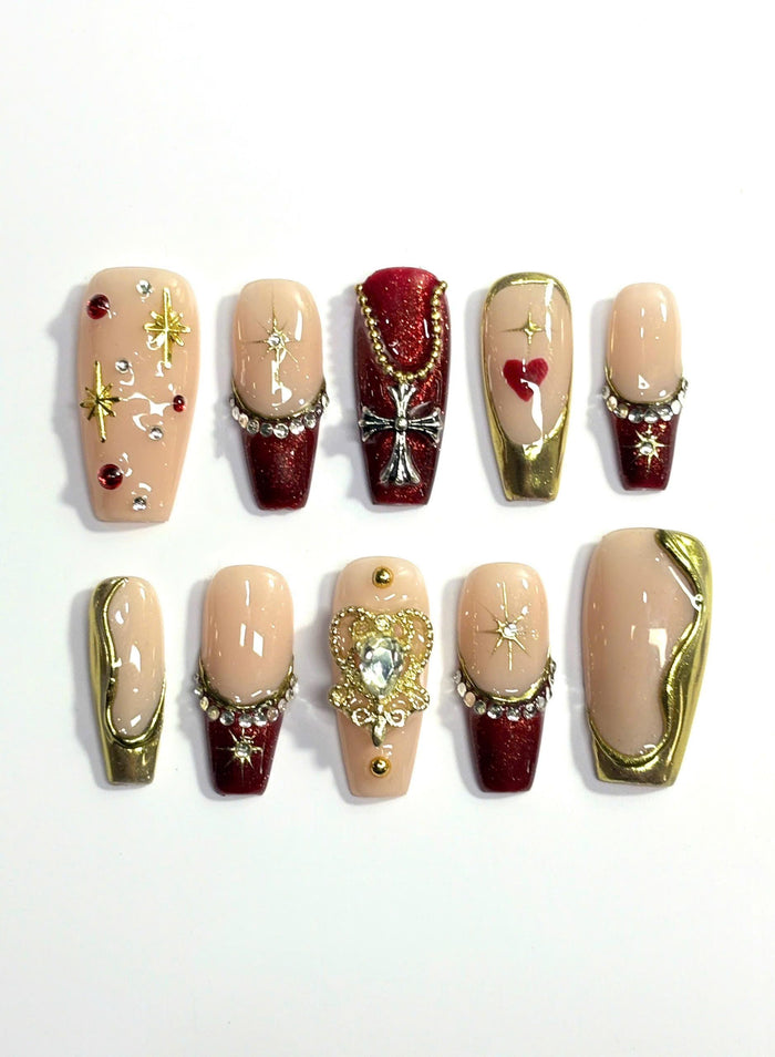 Burgundy and Nude Christmas Press On Nails with Gold Edging and Jeweled Charms