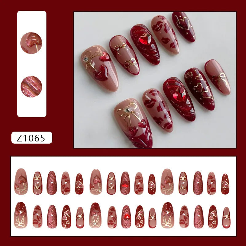 Burgundy and Nude Heart Press On Nails with Gold Bows and Rhinestones