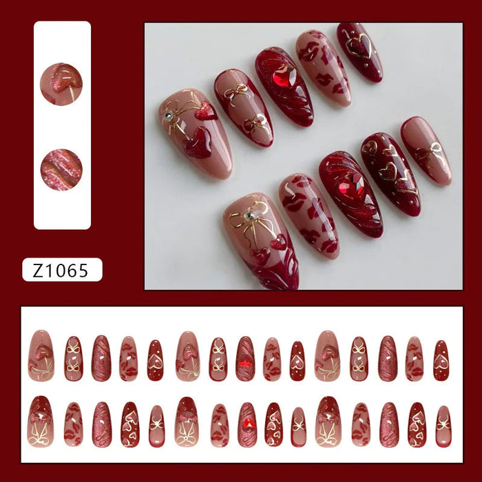 Burgundy and Nude Heart Press On Nails with Gold Bows and Rhinestones