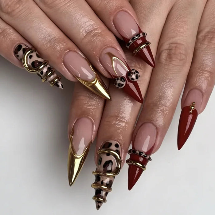 Burgundy and Nude Pink Press On Nails with Gold Chrome Details and Leopard Print