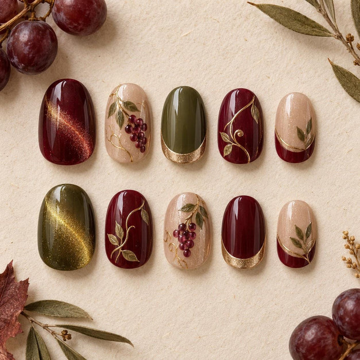 Burgundy and Olive Grape Vine French Tip Press On Nail Set