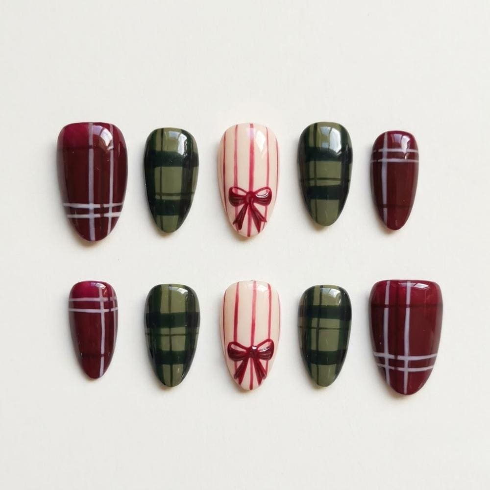 Burgundy and Olive Plaid Christmas Press On Nails With Bow Accents