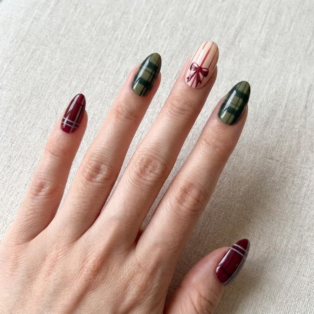Burgundy and Olive Plaid Christmas Press On Nails With Bow Accents