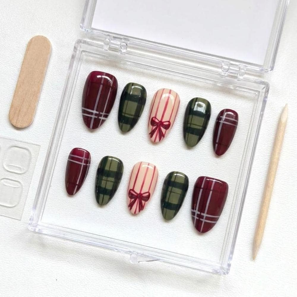 Burgundy and Olive Plaid Christmas Press On Nails With Bow Accents