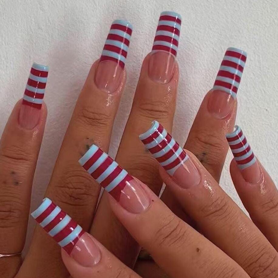 Burgundy and Pale Blue Striped French Tip Press-On Nails