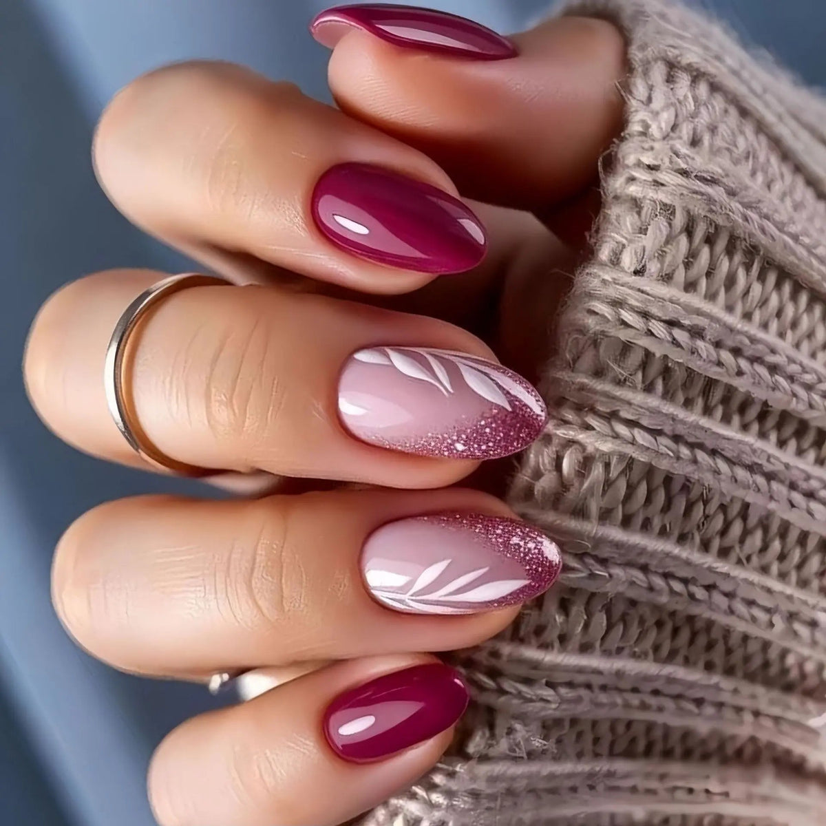 Burgundy and Pale Pink Leafy Glitter Press On Nails