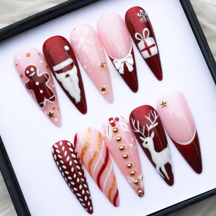 Burgundy and Pink Christmas Press On Nails with Santa, Gingerbread, Reindeer and Gold Glitter