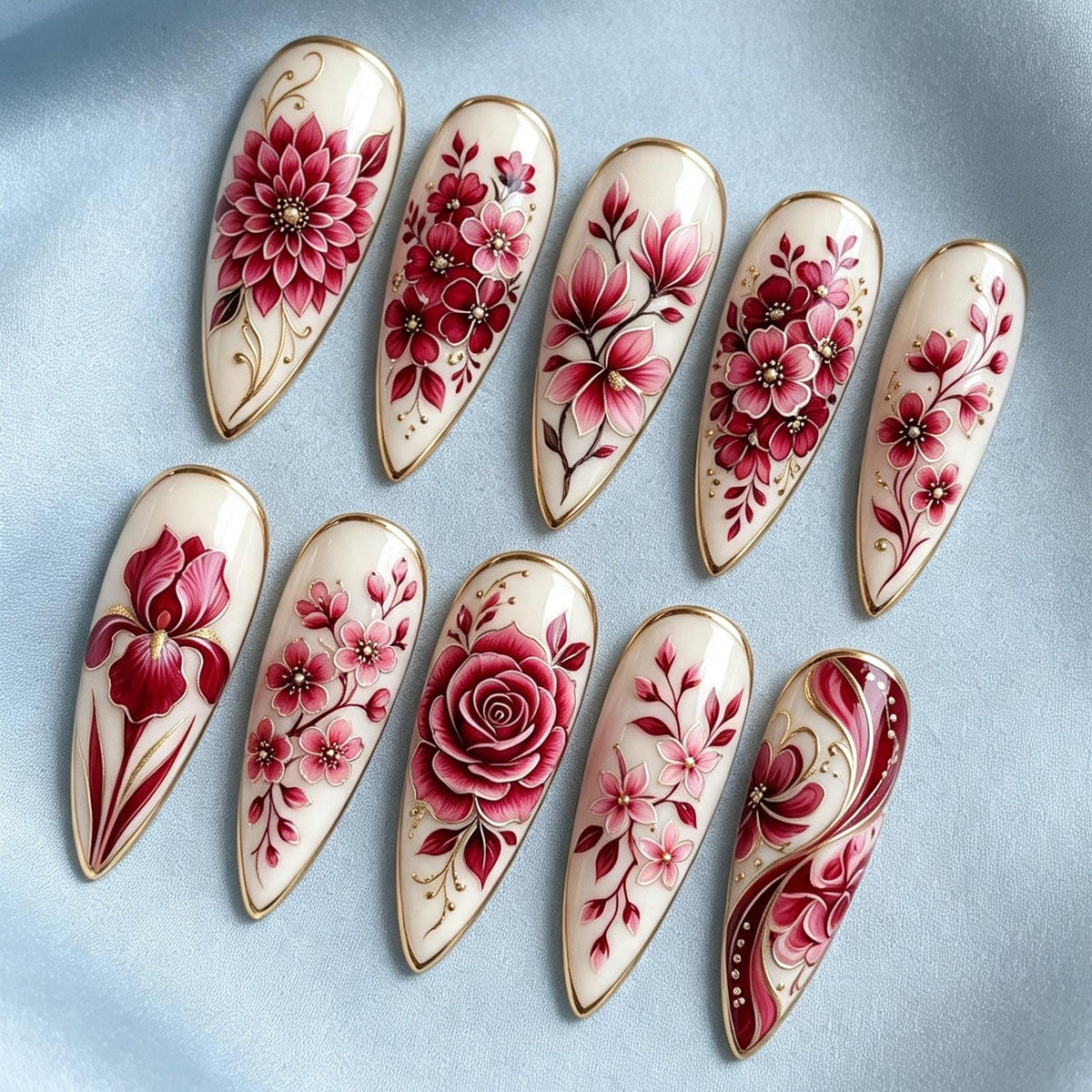 Burgundy and Pink Floral Press-On Nail Set with Gold Outlines