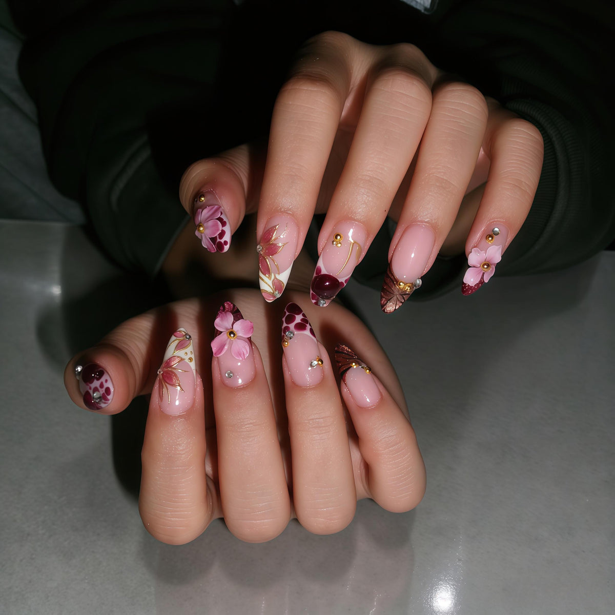 Burgundy and Pink Floral Press On Nail Set with Gold Botanical Details