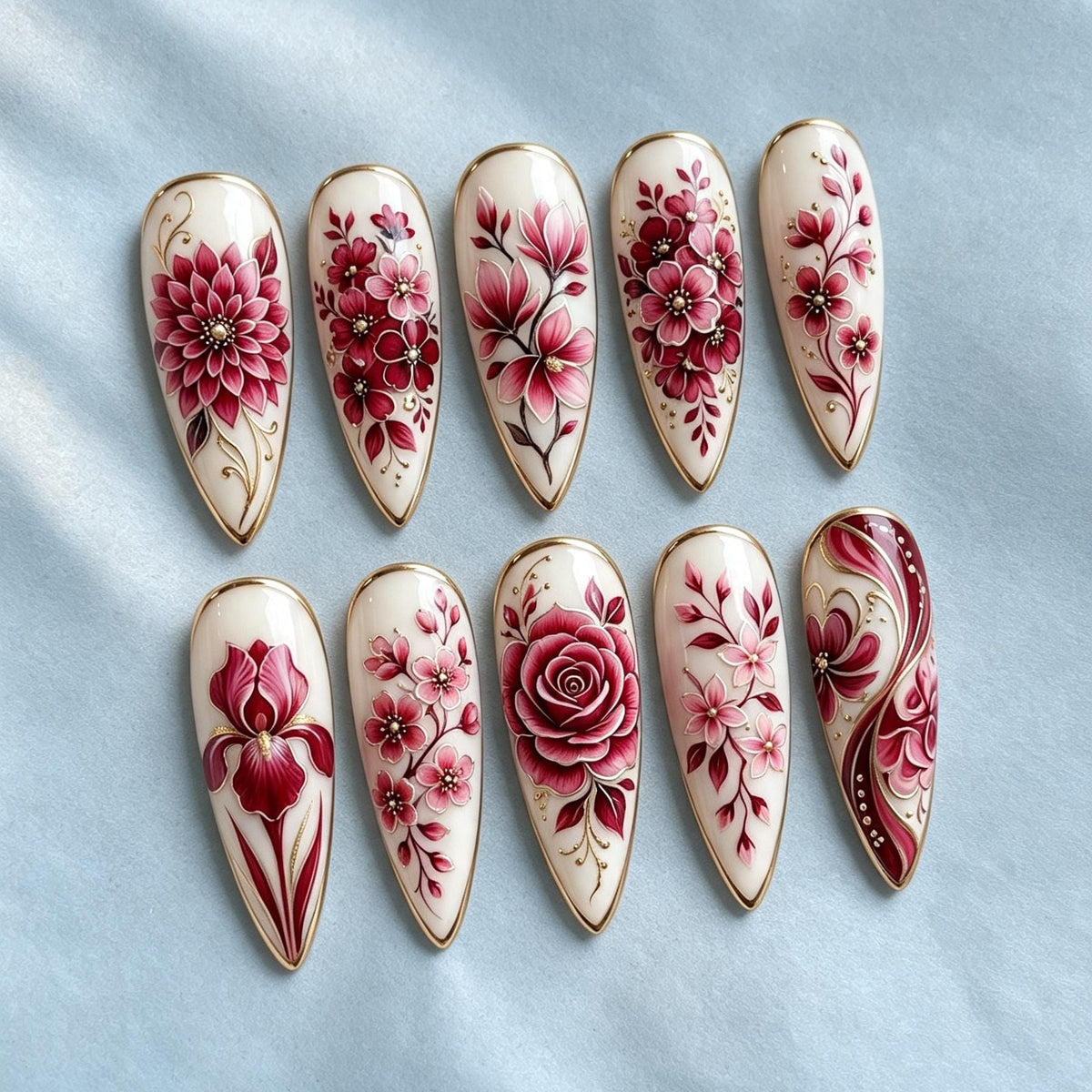 Burgundy and Pink Floral Press-On Nail Set with Gold Outlines