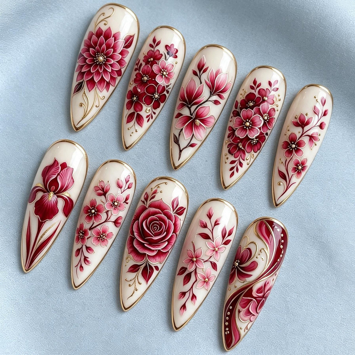 Burgundy and Pink Floral Press-On Nail Set with Gold Outlines