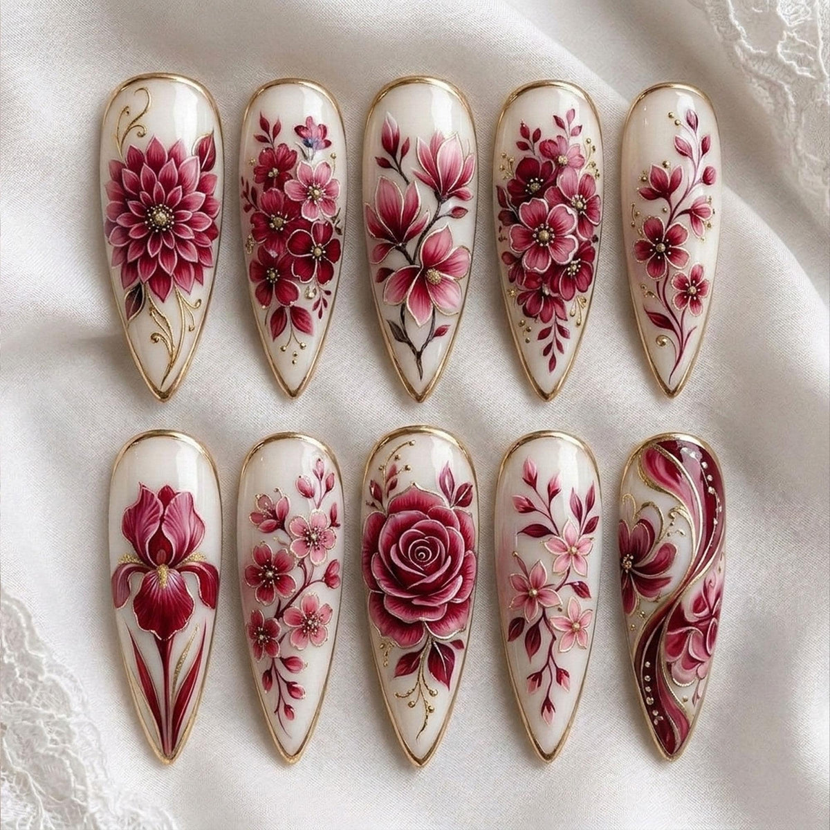 Burgundy and Pink Floral Press-On Nails with Gold Vine Details