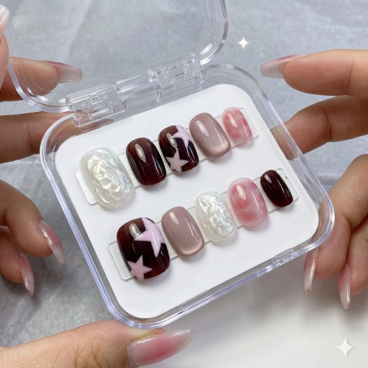 Burgundy and Pink Star Press-On Nails with Iridescent Sculpted Details