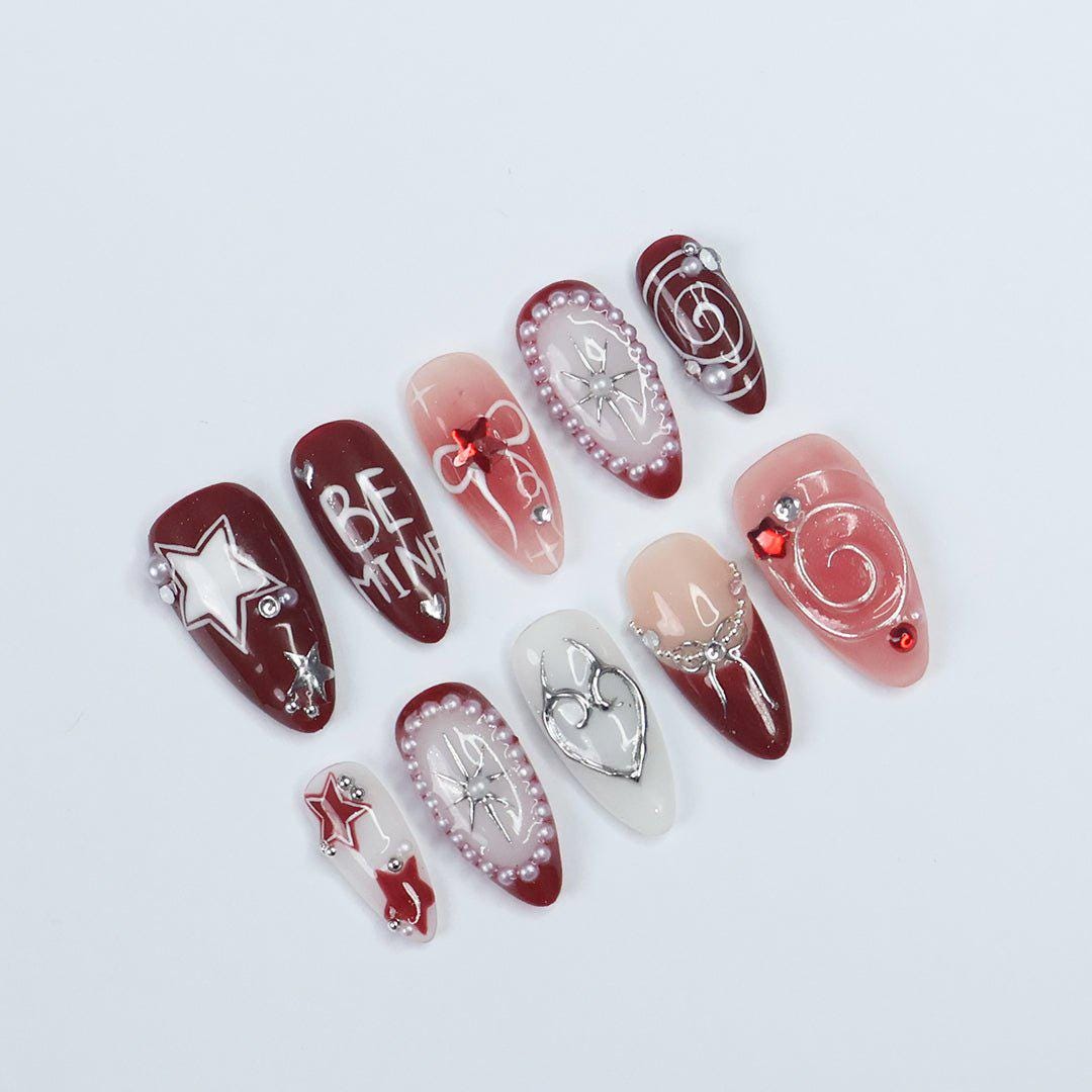Burgundy and Pink Valentine Press-On Nails with Stars, Bows, and Pearl Details