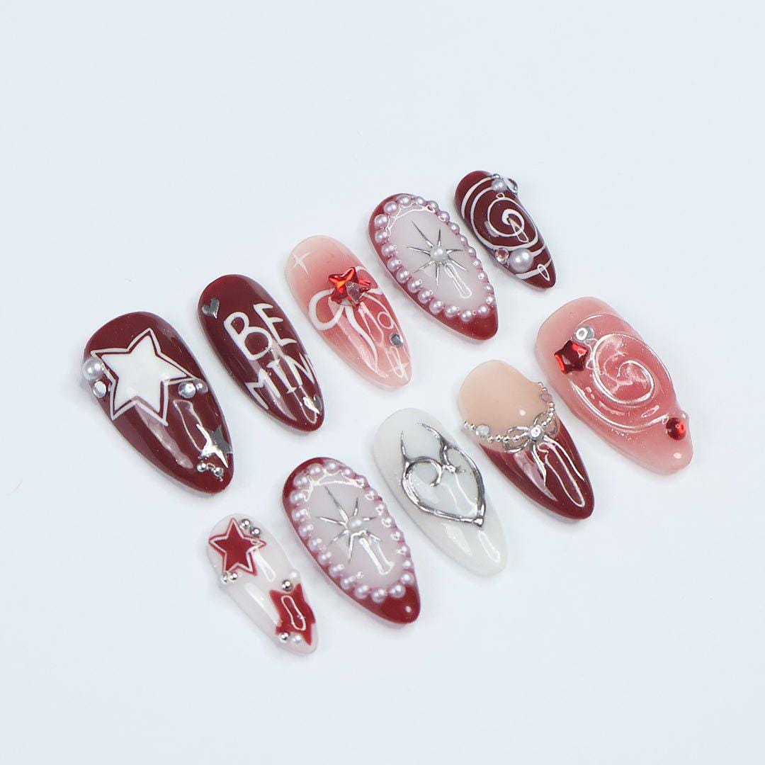 Burgundy and Pink Valentine Press-On Nails with Stars, Bows, and Pearl Details