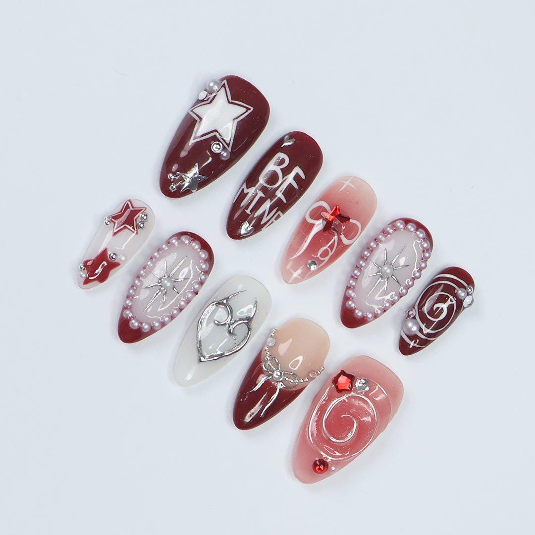 Burgundy and Pink Valentine Press-On Nails with Stars, Bows, and Pearl Details