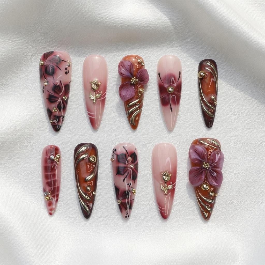 Burgundy and Purple 3D Floral Nail Set with Gold Botanical Accents