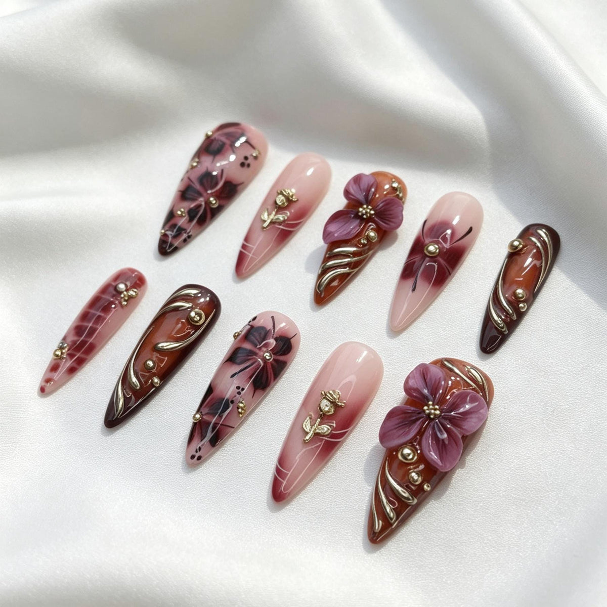 Burgundy and Purple 3D Floral Nail Set with Gold Botanical Accents