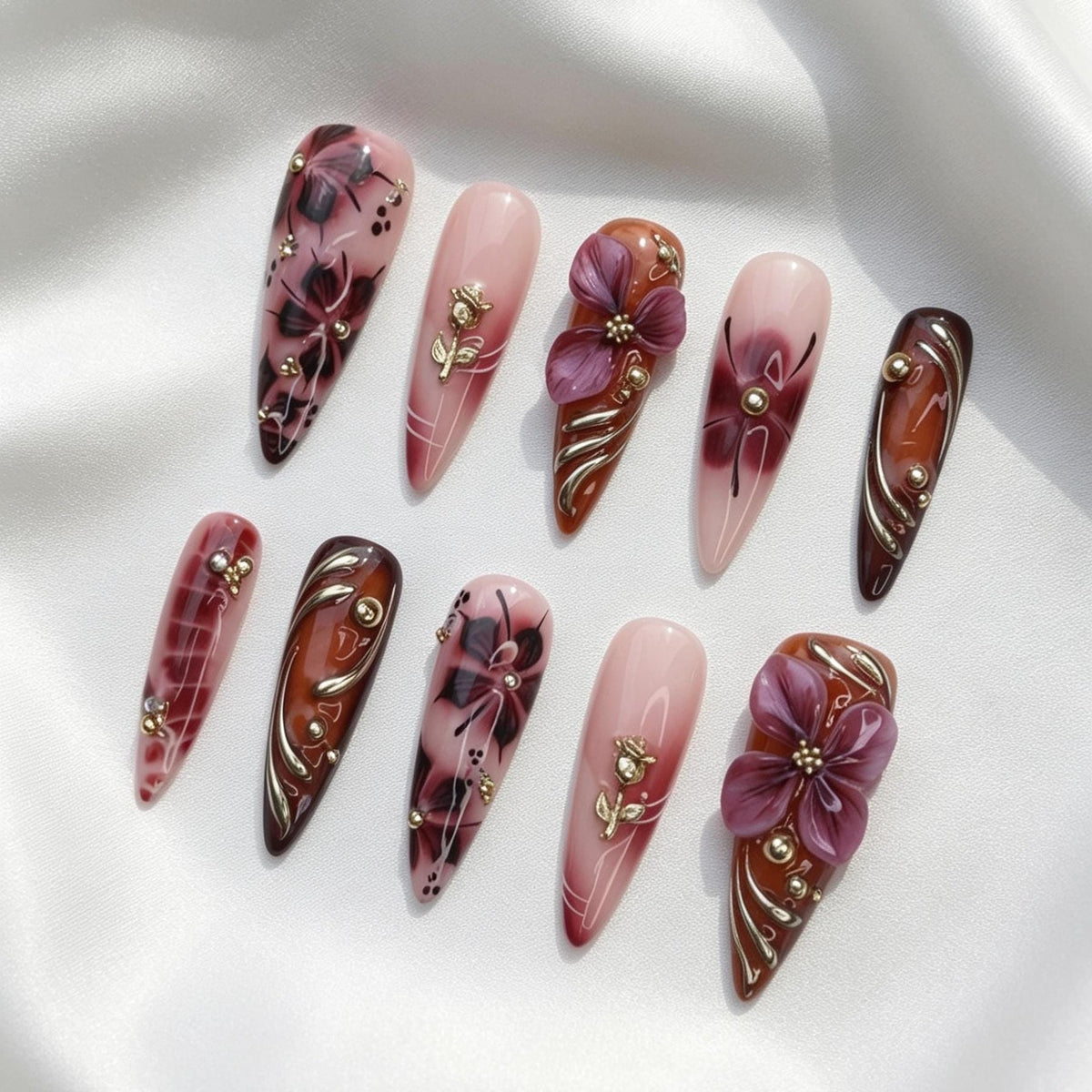 Burgundy and Purple 3D Floral Nail Set with Gold Botanical Accents
