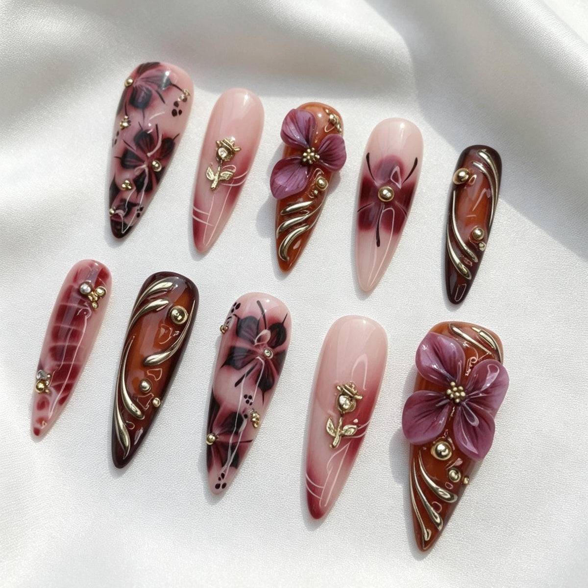 Burgundy and Purple 3D Floral Nail Set with Gold Botanical Accents