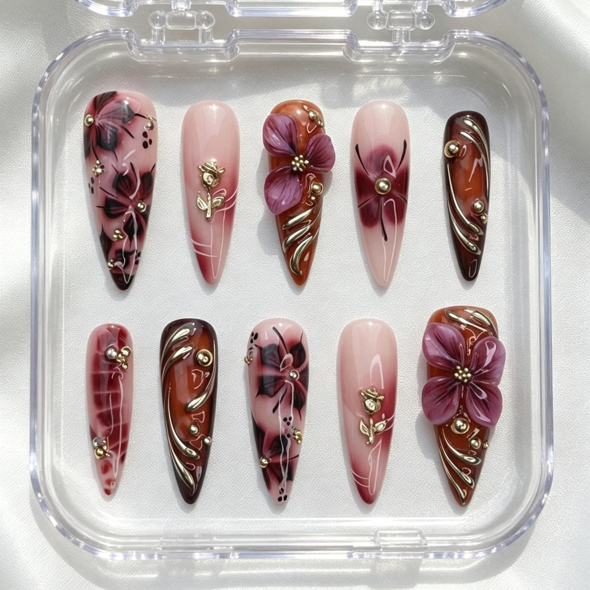 Burgundy and Purple 3D Floral Nail Set with Gold Botanical Accents