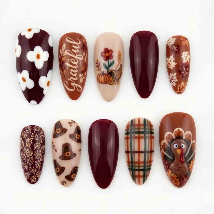 Burgundy and Rust Thanksgiving Press On Nail Set With Turkey, Grateful Lettering and Autumn Details