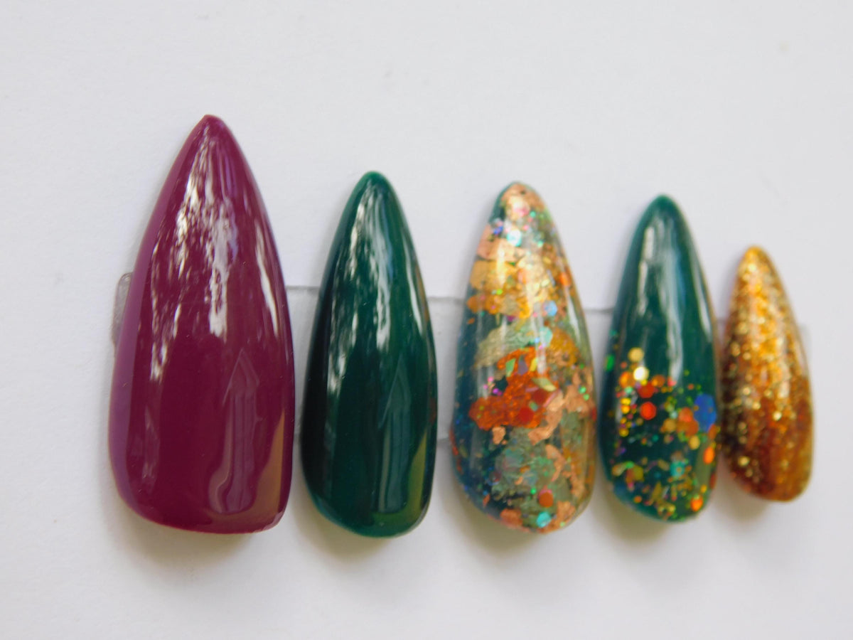 Burgundy and Teal Autumn Press-On Nails with Gold Glitter and Foil