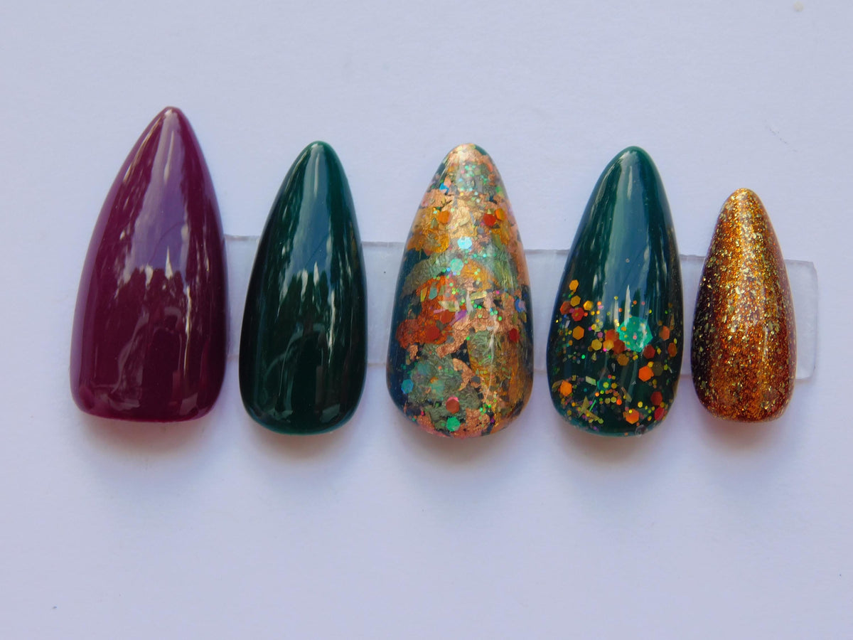 Burgundy and Teal Autumn Press-On Nails with Gold Glitter and Foil