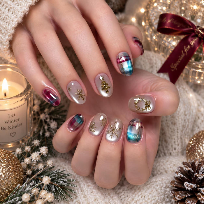 Burgundy and Teal Plaid Christmas Press On Nails With Gold Snowflakes
