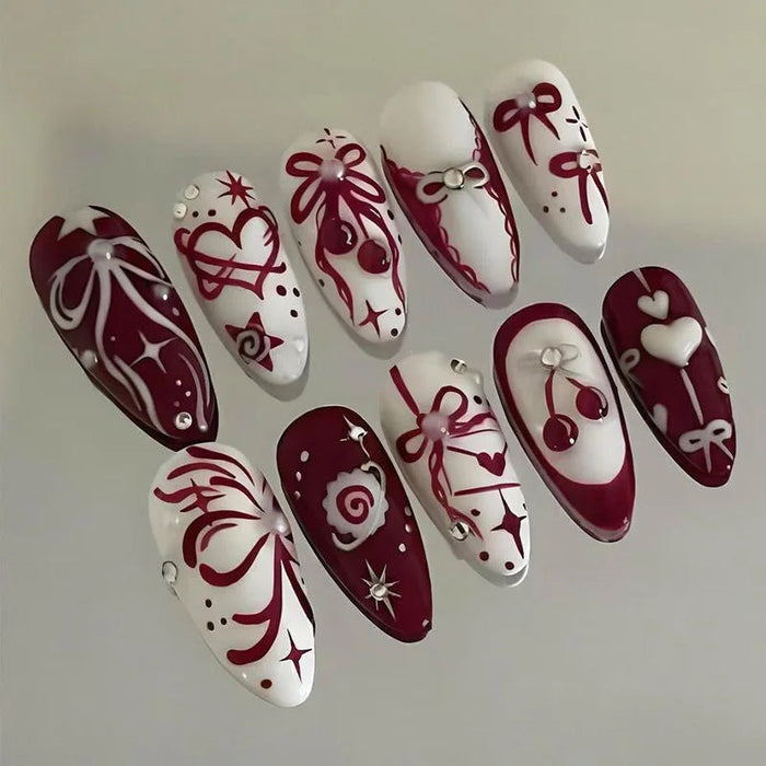 Burgundy and White Bow, Cherry, and Heart Press On Nail Set