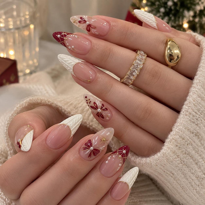 Burgundy and White Christmas Press On Nails with Cable Knit, Poinsettias, and Gold Accents