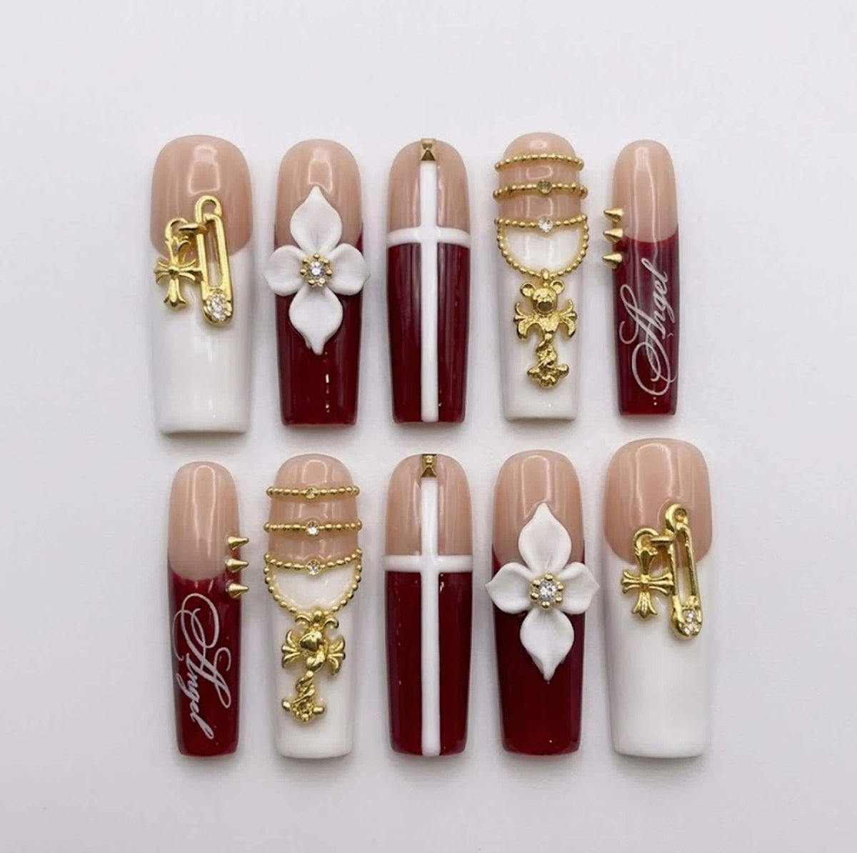 Burgundy and White Gothic Nails with Gold Chains, Flower Charms and Angel Lettering