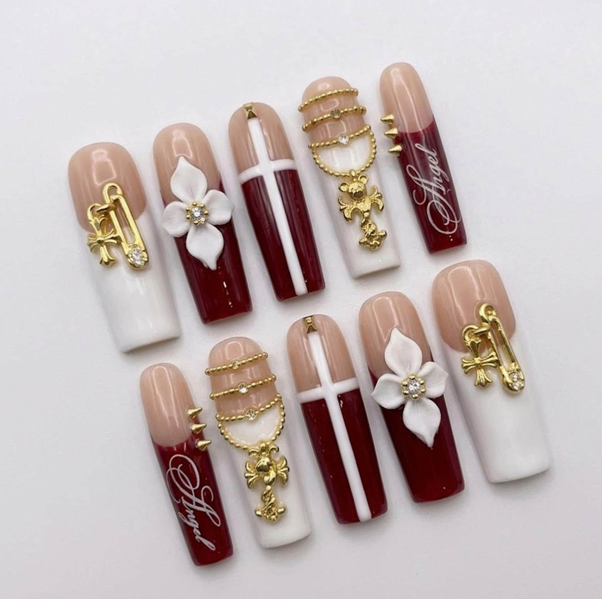 Burgundy and White Gothic Nails with Gold Chains, Flower Charms and Angel Lettering