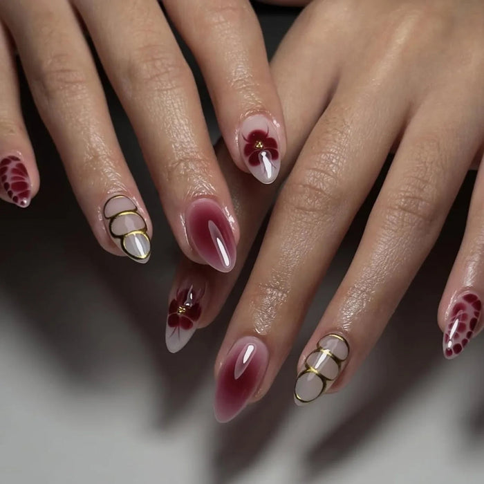 Burgundy Aura Floral Press On Nails With Gold Accents
