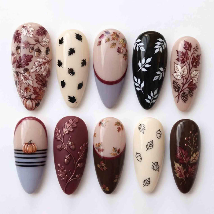Burgundy Autumn Leaf and Pumpkin Press On Nails