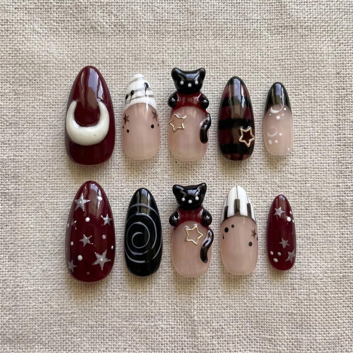 Burgundy Black Cat Press On Nails with Plaid, Star Details, and 3D Charms