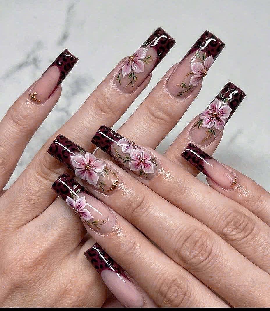 Burgundy Black Marbled Tip Nails With Pink Flowers and Gold Accents