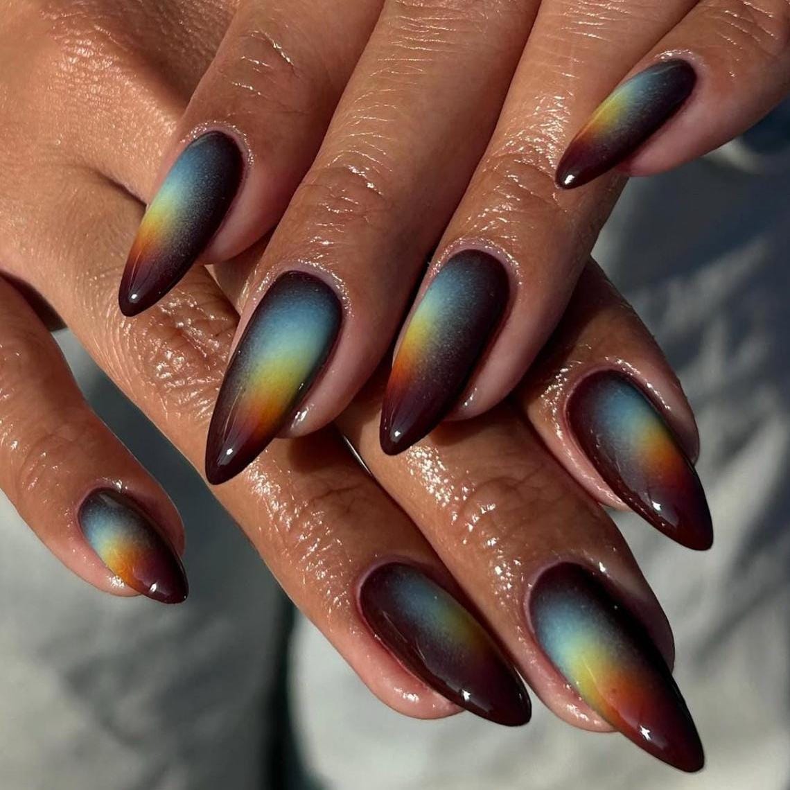 Burgundy Black Ombre Cat Eye Press On Nails With Blue Green And Yellow Glow