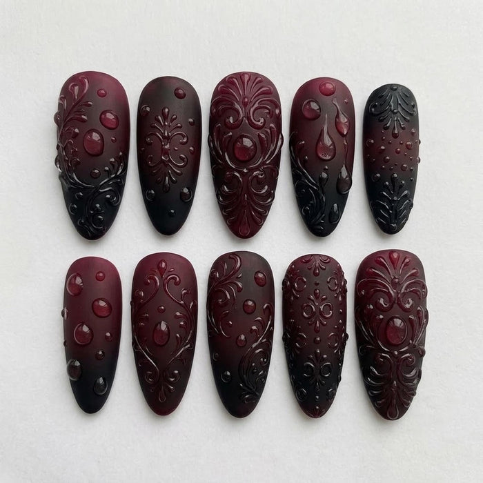 Burgundy Black Ombre Gothic Baroque Press On Nails With 3D Scrollwork