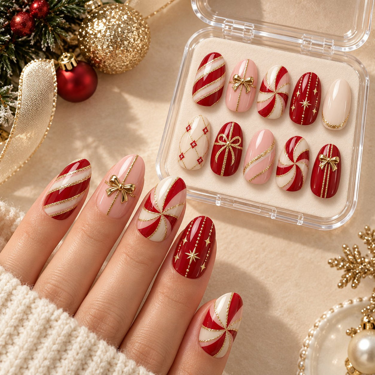 Burgundy, Blush Pink and Ivory Candy Cane Nails with Gold Bows worn on hand with acrylic storage box