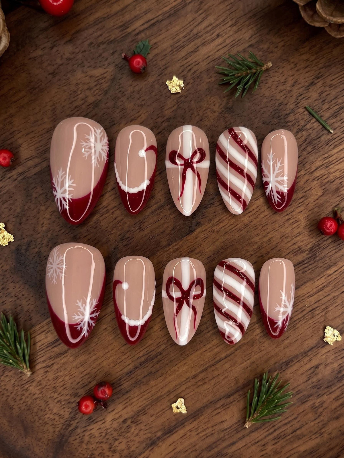 Burgundy Bow and Candy Cane French Tip Christmas Press On Nails
