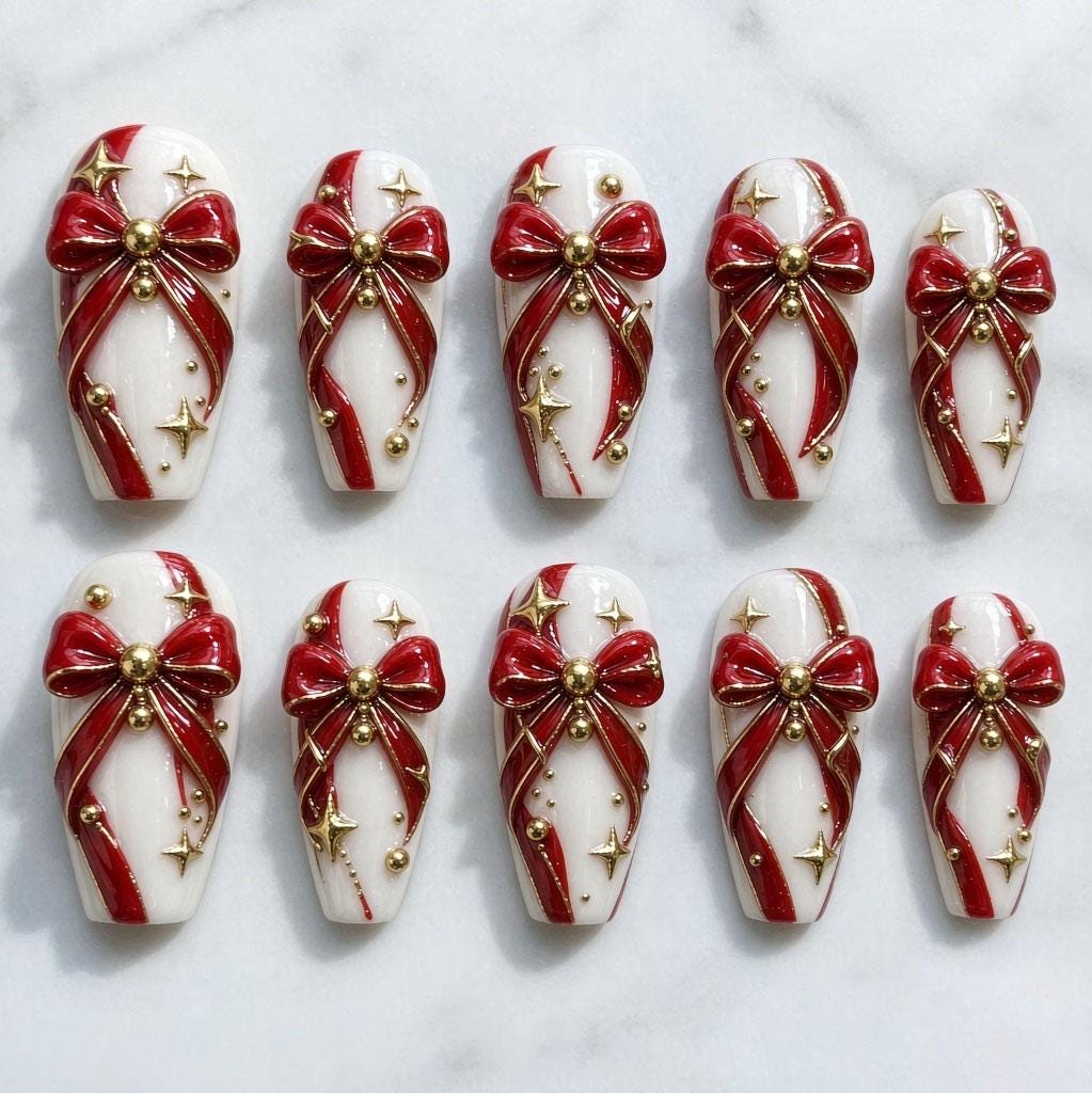 Burgundy Bow Christmas Press-On Nails with Candy Cane Stripes, Gold Stars and Pearls