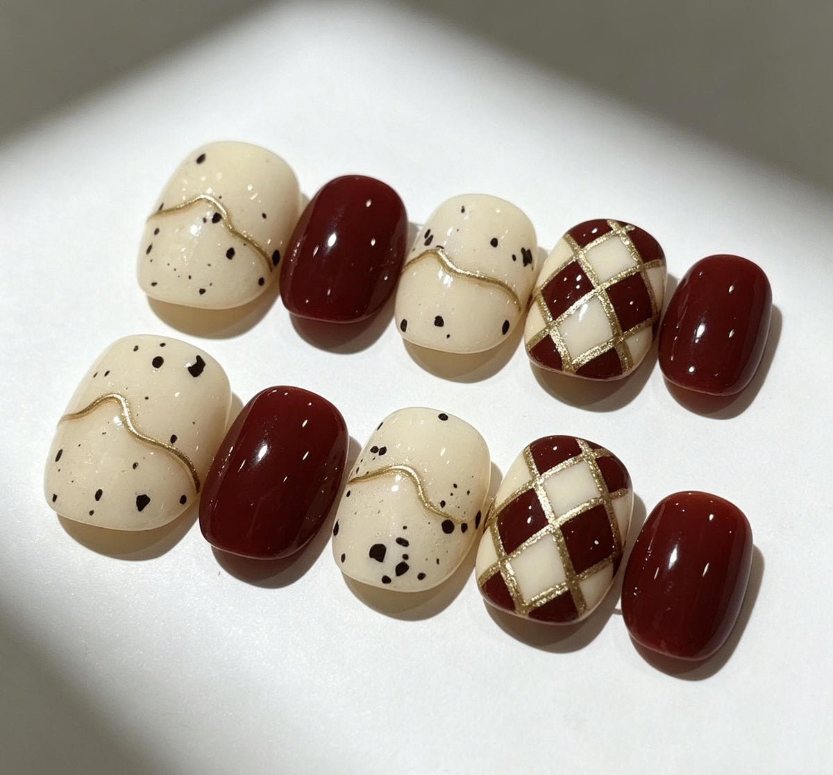 Burgundy Brown and Cream Argyle Press On Nails With Gold Lines