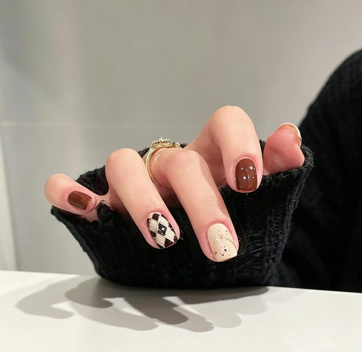 Burgundy Brown and Cream Argyle Press On Nails With Gold Lines